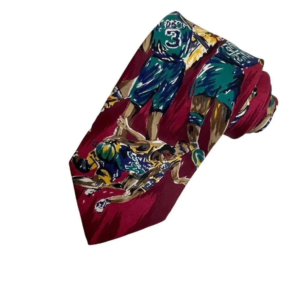 LANDS' END RED GREEN BLUE YELLOW BASKETBALL PLAYERS SILK NECKTIE TIE‎